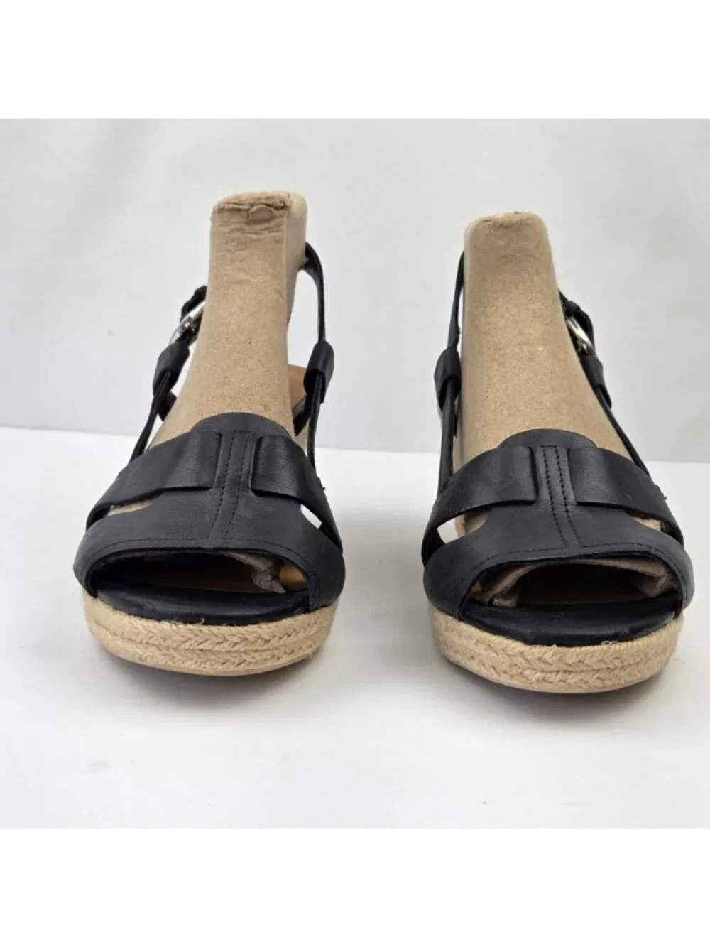 Franco Sarto Black Leather Wedge Espadrille Sandals Size 8.5